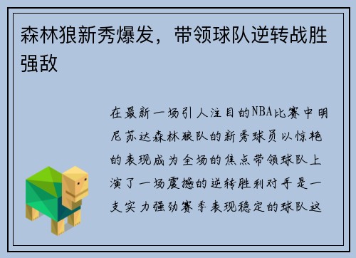 森林狼新秀爆发，带领球队逆转战胜强敌